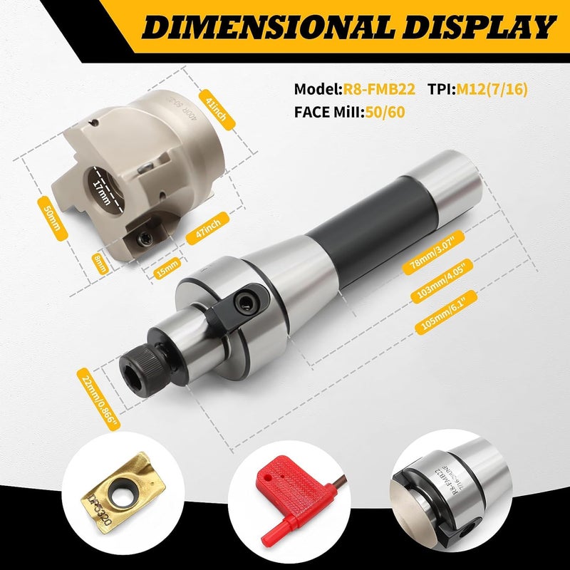 Jecoupoon Store R8 Shank FMB22 7/16-20UNF Face Mill Arbor, 400R 50MM End Milling Shell Cutter, 10Pcs APMT1604 Carbide Inserts and T15 Wrench - Image 2